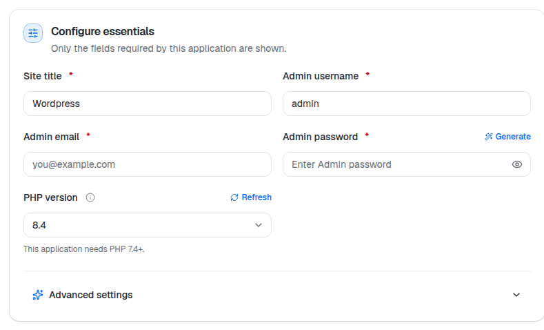 WordPress essentials: Site title, Admin username, Admin email, Admin password and PHP version